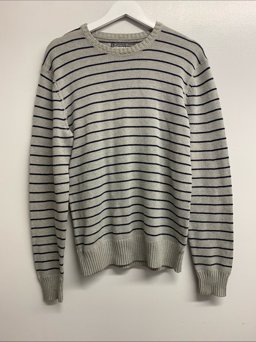 Aeropostale Gray Crewneck Sweater with Navy Stripes